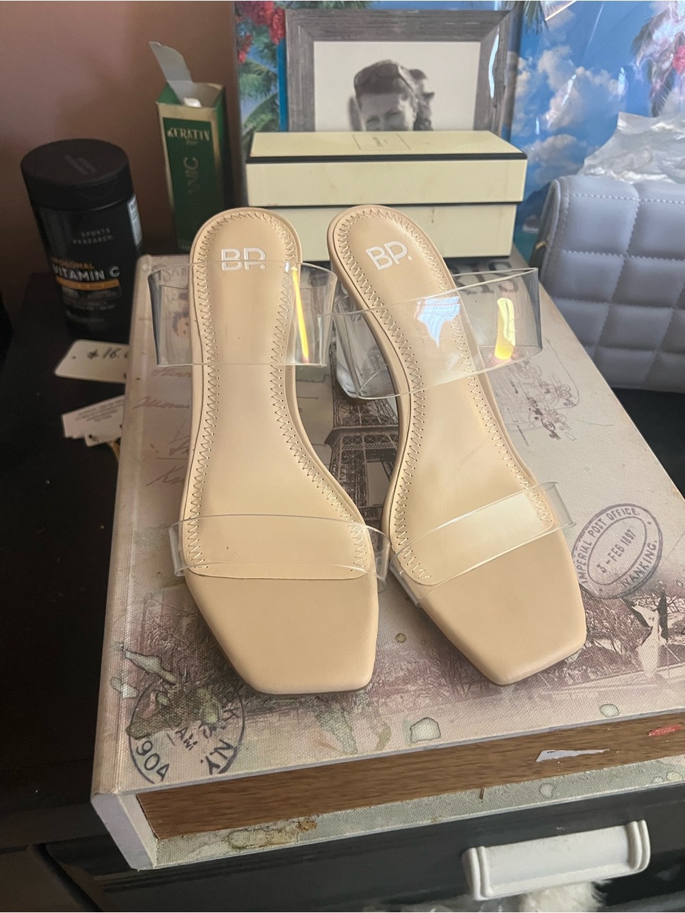 bp Clear-Strap Beige Square-Toe Slide Mules